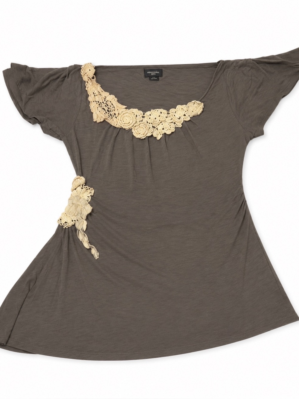 Anthropologie Deletta Brown Crochet Lace Top Size M Ruched Blouse 100% Cotton Bo